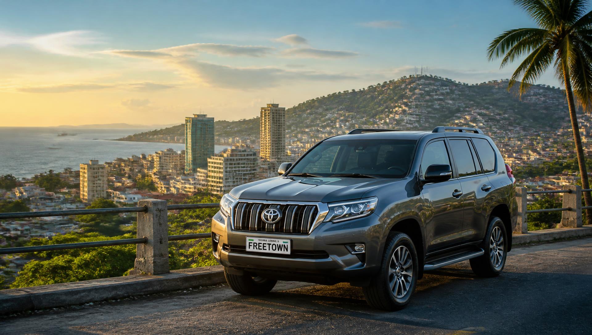 An SUV overlooking Freetown at golden hour