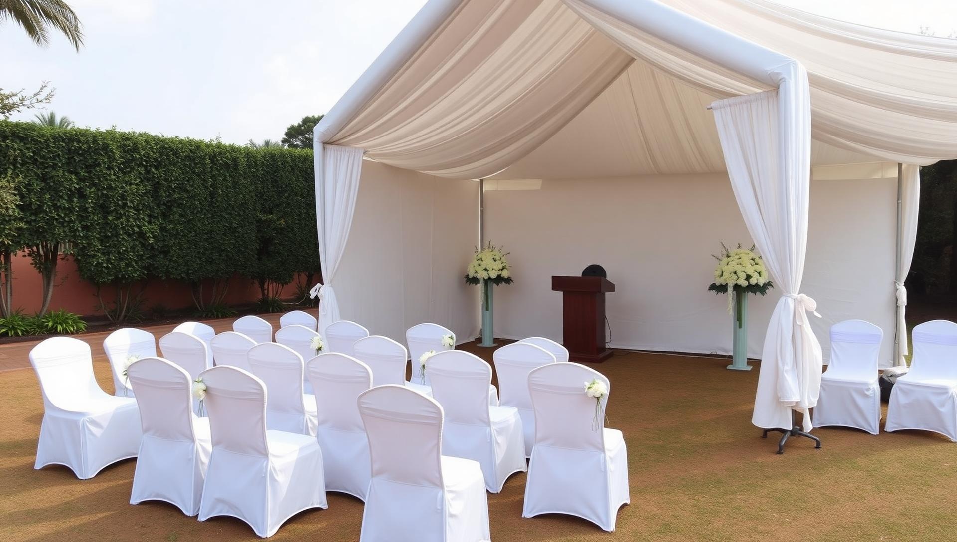 Memorial service canopy with covered chairs and white flowers