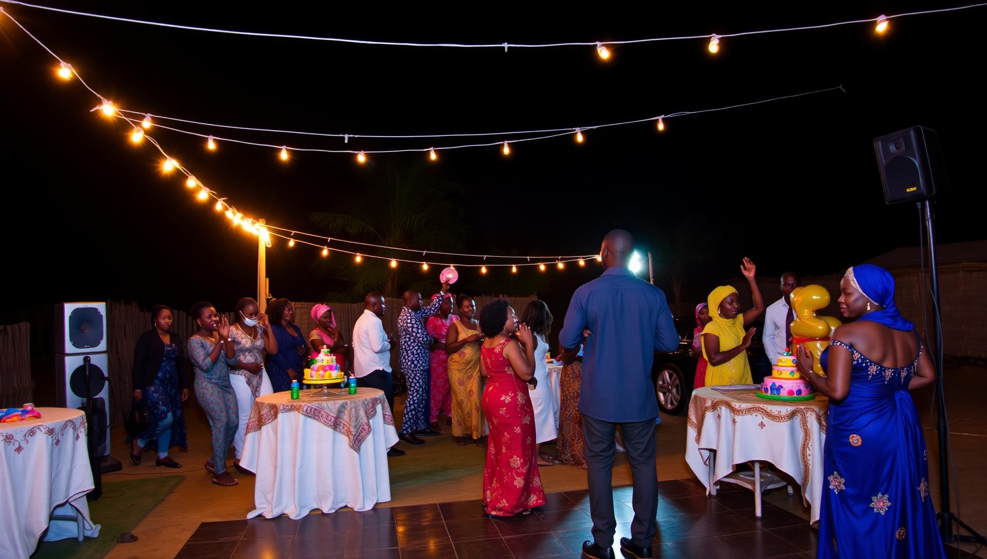 Outdoor birthday party at night with string lights and sound system