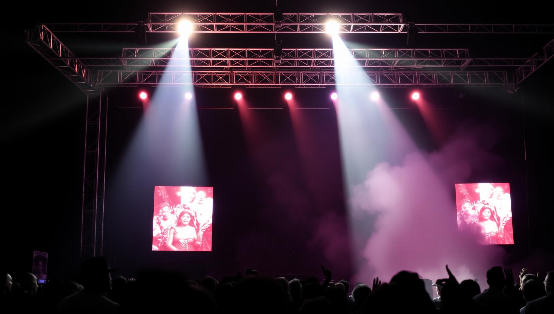 Concert stage with lighting rig, screens and crowd