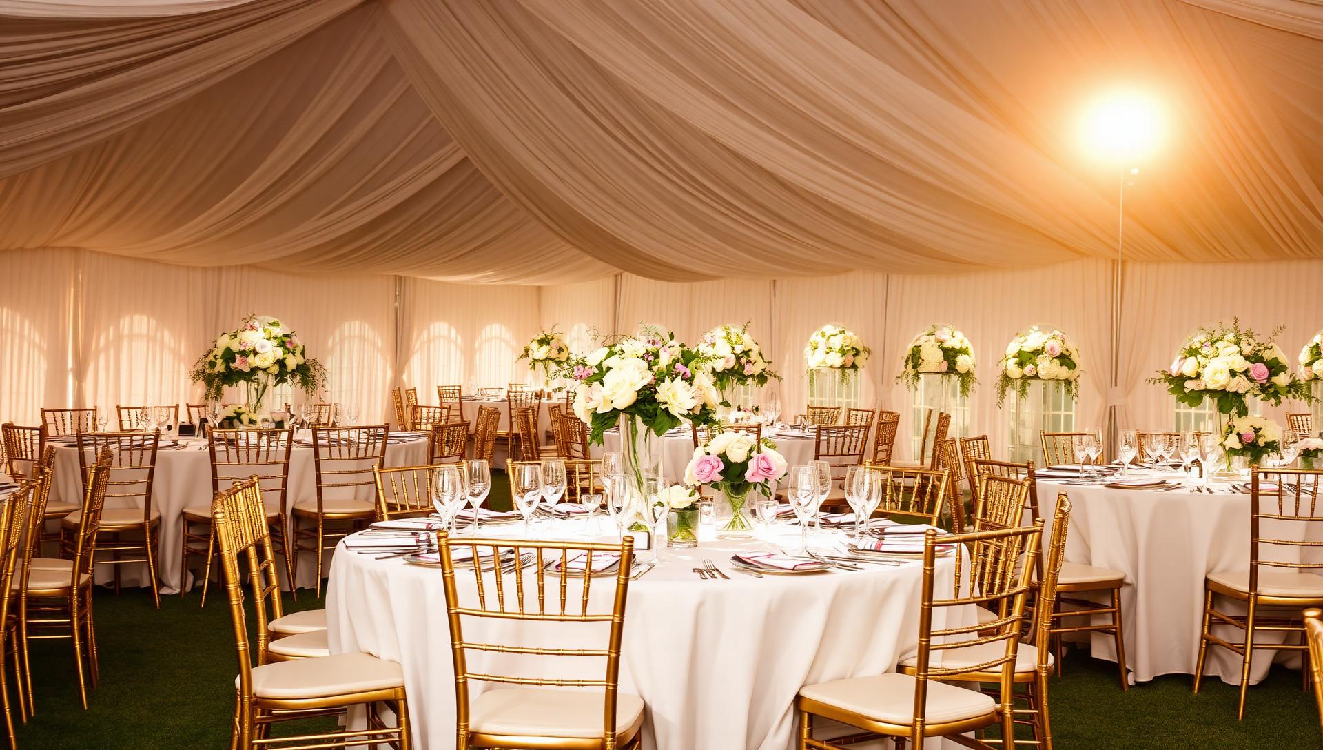 Wedding reception marquee with gold chairs and floral centrepieces