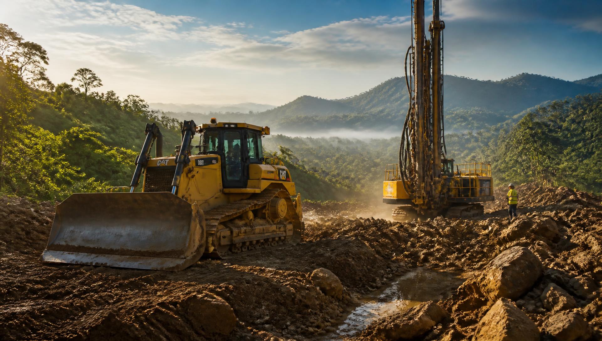 Bulldozer and drilling rig at a mining site in the hills