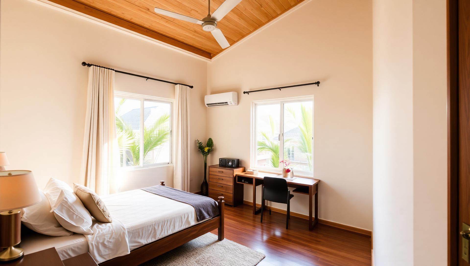 Bright furnished bedroom with ceiling fan and garden view