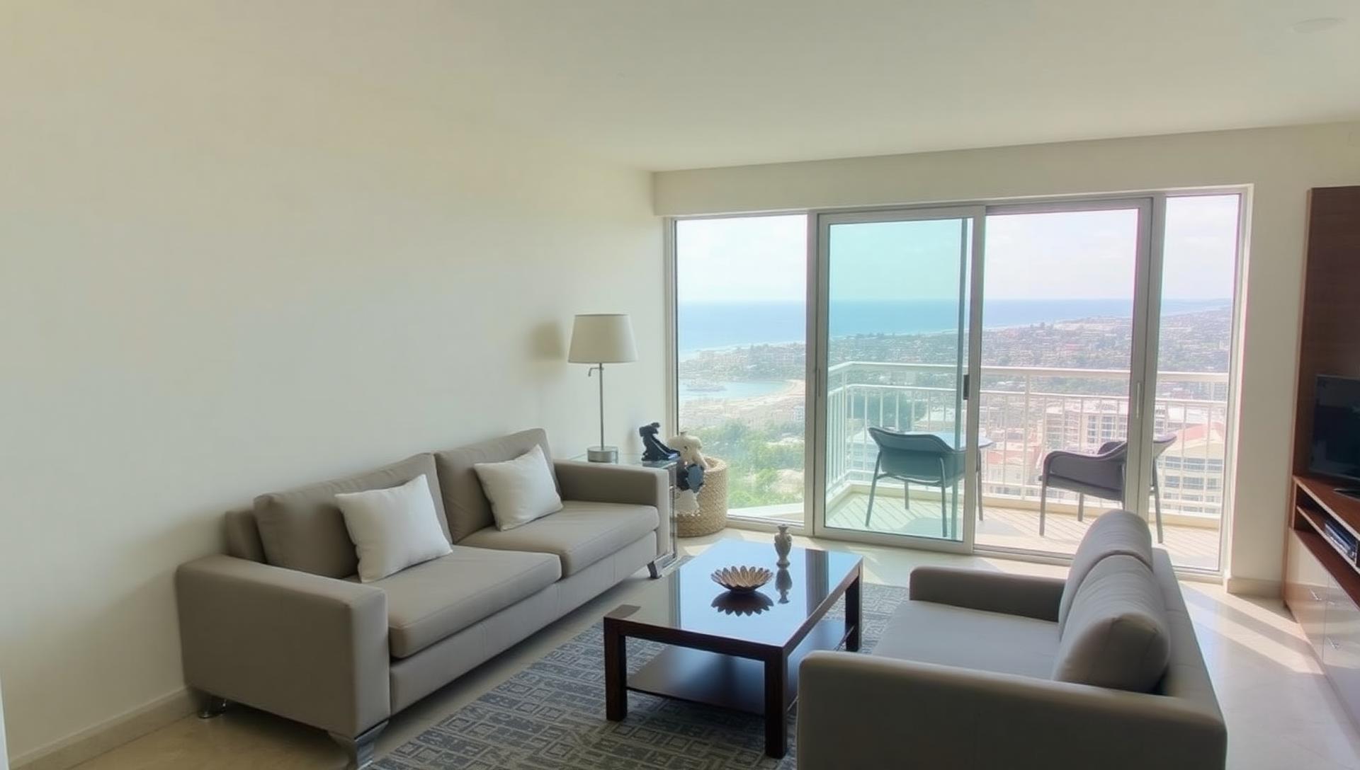Shared apartment living room with balcony sea view